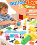 Child playing with Kids 31 Piece Dough Tools Set With Rolling Pins Spaghetti Maker Machine Clay Accessories And Safe Scissors Includes 3D Dino Animal And Fruit Molds For Endless DIY Dough And Clay Fun