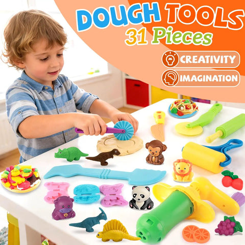 Child playing with Kids 31 Piece Dough Tools Set With Rolling Pins Spaghetti Maker Machine Clay Accessories And Safe Scissors Includes 3D Dino Animal And Fruit Molds For Endless DIY Dough And Clay Fun