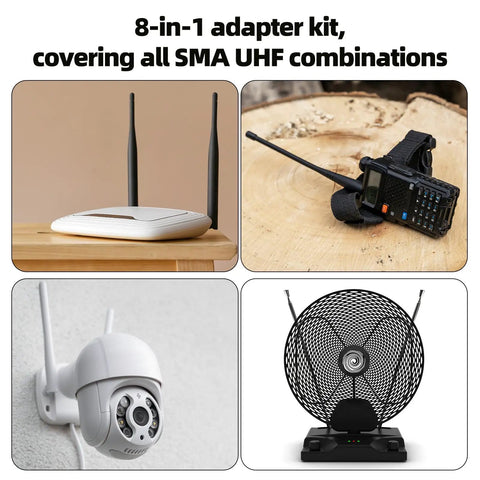 Pro Grade SMA To BNC Adapter Kit 12-Piece 50 Ohm RF Coaxial Connectors used with router, radio, CCTV, and antenna equipment.