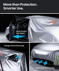 Tesla Model Y Car Cover All Weather Outdoor Protection With Waterproof UV Sun And Heat Shield showing features and vent design.
