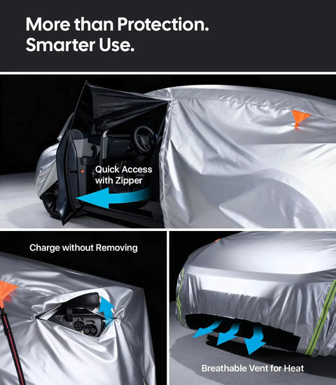 Tesla Model Y Car Cover All Weather Outdoor Protection With Waterproof UV Sun And Heat Shield showing features and vent design.