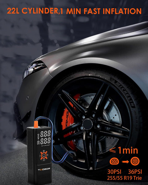 Portable Tire Inflator Air Compressor With Frosted Digital Gauge For Cars And More, 150 PSI Quick Pump next to car wheel