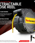 Air Hose Reel With Retractable Auto Rewind 3/8 Inch By 50 Foot Hybrid Polymer Hose Built Tough And Ready For 300 PSI Enclosed Polypropylene Construction Heavy Duty Commercial Reel With 1/4 Inch NPT Inlet And 36 Inch Lead In Hose in box