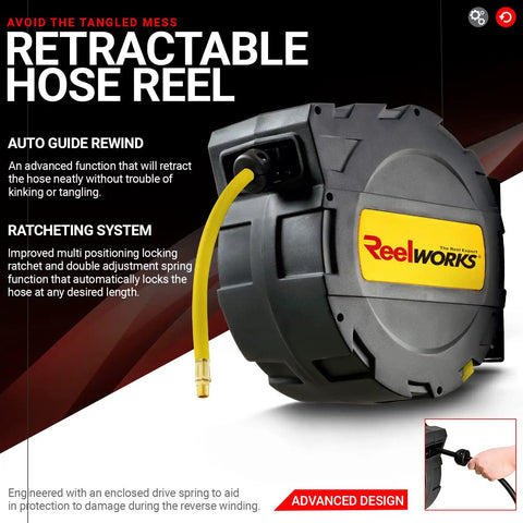 Air Hose Reel With Retractable Auto Rewind 3/8 Inch By 50 Foot Hybrid Polymer Hose Built Tough And Ready For 300 PSI Enclosed Polypropylene Construction Heavy Duty Commercial Reel With 1/4 Inch NPT Inlet And 36 Inch Lead In Hose in box