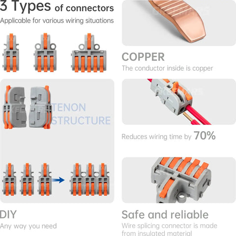 Image showing 26-Piece Compact Splice Wire Connector Kit For 2, 3, And 5 Circuit Inline Splices, 24-12 AWG Gray Insulated Connectors Set Safe Durable Easy Install For Automotive And DIY Wiring with types of connectors and copper conductor.