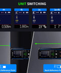 Green Laser Measuring Tool With Handy Angle Sensor 4 Way Rotating Color LCD Vibration Alert Up To 328 Feet Range Auto Screen Rotation For Easy Reading From Any Angle showing unit switching and front/back reference points