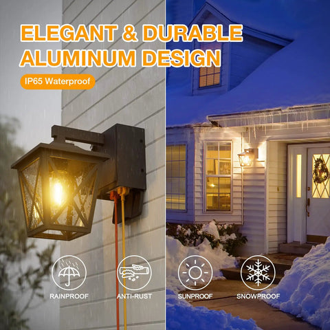 Dusk To Dawn Porch Light With Built In GFCI Outlet Black Outdoor Wall Sconce in use on house, showing waterproof anti-rust design