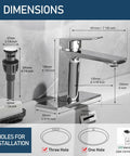 Dimensions of Brushed Nickel 1 Hole Single Handle Bathroom Faucet With Pop Up Drain And Supply Lines displayed on sink