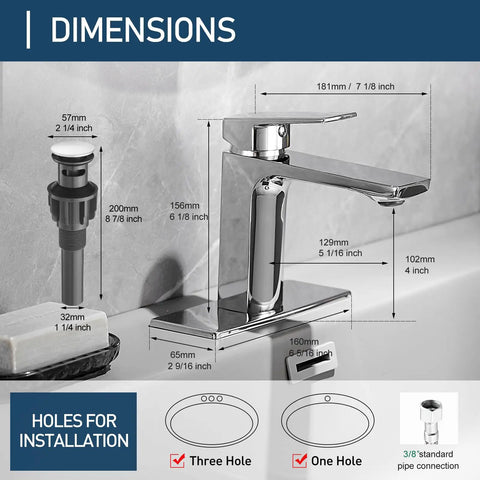 Dimensions of Brushed Nickel 1 Hole Single Handle Bathroom Faucet With Pop Up Drain And Supply Lines displayed on sink