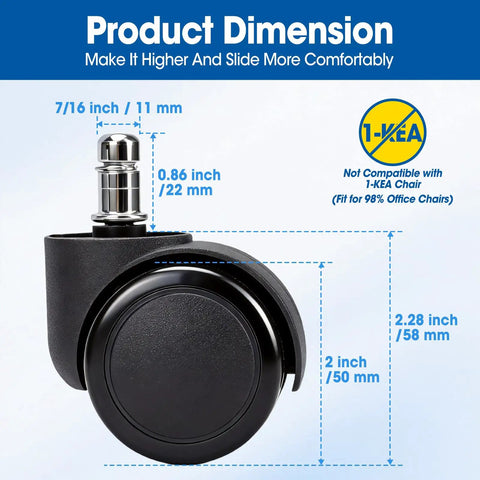 Heavy Duty Two Inch Office Chair Wheels Set Of Fifteen Smooth Rolling Casters built to handle the daily hustle dimensions shown