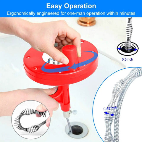 Using the 25 Foot Heavy Duty Plumbing Snake For Drains, Toilets And Sinks with flexible steel cable to clear sink clog.