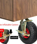 Heavy Duty Swivel Caster Wheels With Brakes Set Of Four Pneumatic Tires Silent Ride Shock Absorbing Build Ten Inches Across Loads, close-up of wheel with locking mechanism.