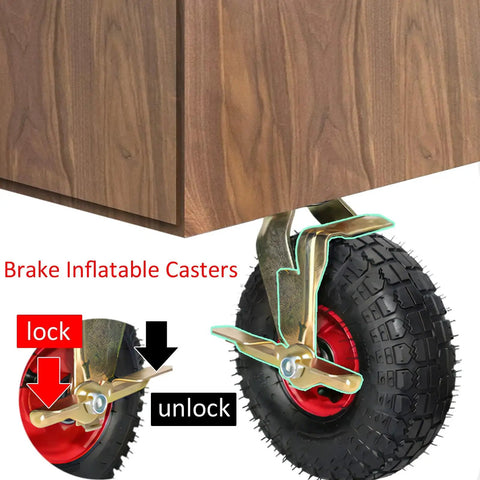 Heavy Duty 10 Inch Pneumatic Caster Wheels With Brakes Set Of Four showing brake lock mechanism and treaded tire detail.