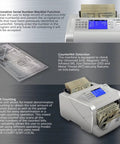Fast Mixed Currency Money Counter That Handles US Dollars Euros Canadian Dollars British Pounds And Mexican Pesos With Quick Counting And 5 Point Counterfeit Detection UV MG IR DD MT DBL HLF CHN S6500 displaying bills and screen interface.