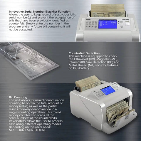 Fast Mixed Currency Money Counter That Handles US Dollars Euros Canadian Dollars British Pounds And Mexican Pesos With Quick Counting And 5 Point Counterfeit Detection UV MG IR DD MT DBL HLF CHN S6500 displaying bills and screen interface.