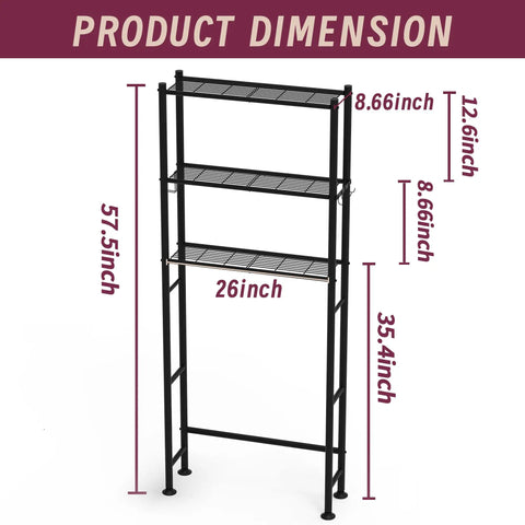 Solid As A Rock Three Tier Over Toilet Storage Cabinet With Removable Paper Holder And Four Grip Hooks Metal Bathroom Organizer Shelf For Laundry Balcony Or Living Room Setup Black dimensions showing height and width measurements.