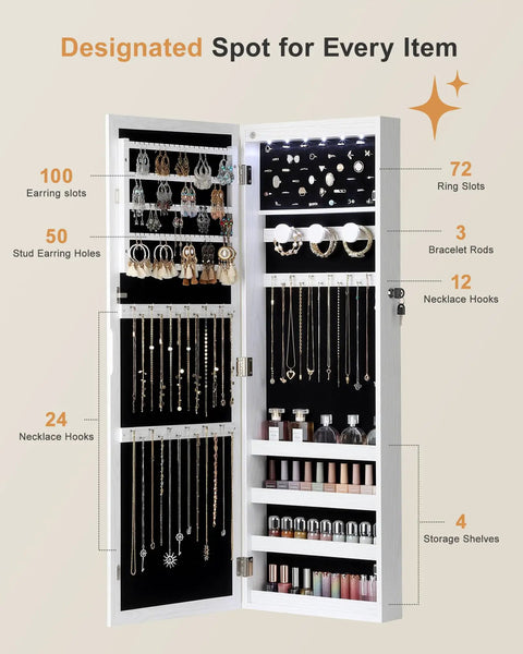 Interior view of Six LED Mirror Jewelry Cabinet With Large Capacity Lockable Armoire Door Or Wall Mounted Jewelry Organizer Built In Jewelry Storage White Finish Perfect Gift Idea, showing earring slots, bracelet rods, and storage shelves.