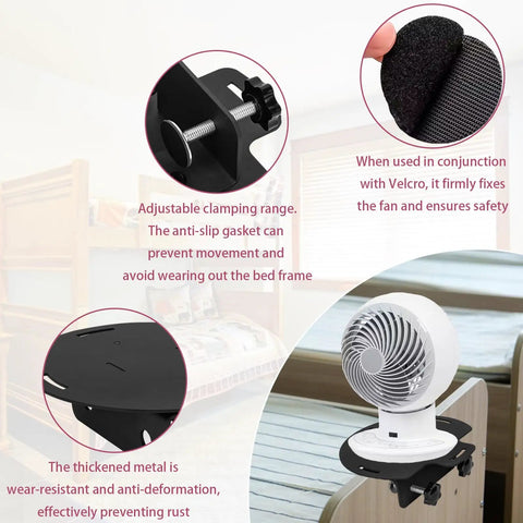 Close-up of Adjustable Bunk Bed Fan Holder With Heavy Duty Clamp Bracket For Dorm Rooms securing a fan with anti-slip gasket.