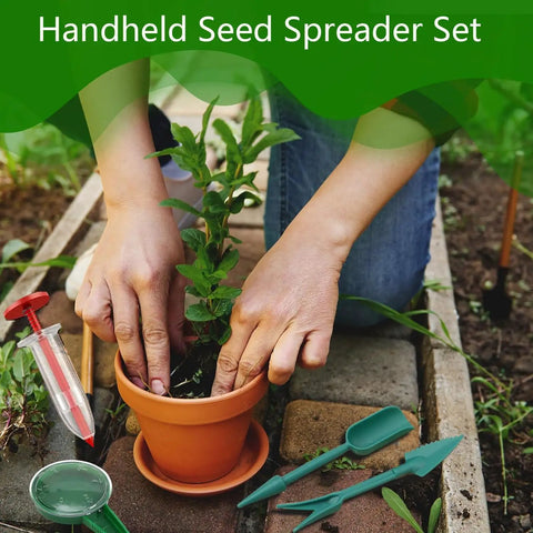Mini Seed Spreader Kit For Easy Garden Sowing, 17 Piece Handheld Seed Dispenser Set, Reusable Tiny Seed Planter in use