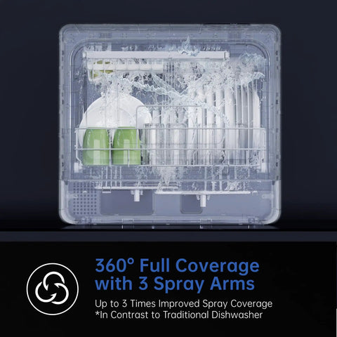 Slim Countertop Dishwasher Featuring Built In Water Tank Expanded Interior Holds Heavy Pots Hassle Free Plumbing Game Changer For Cluttered Counters Low Key Ultra Quiet Straight Up Solid with 360° spray coverage.