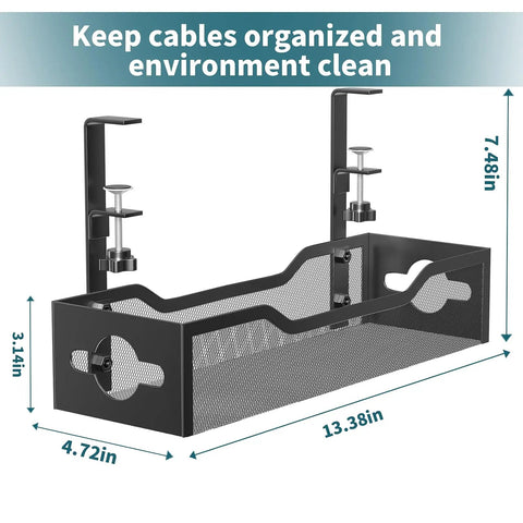 Under Desk Cable Management Tray No Drill Clamp Mount Metal Mesh 2 Hole Cable Tray with dimensions for clean wire organization