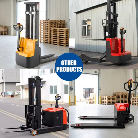 Image of Extra Large Electric Pallet Stacker Walk Behind Battery Powered Hydraulic Lift Truck Smooth Operator in various views.