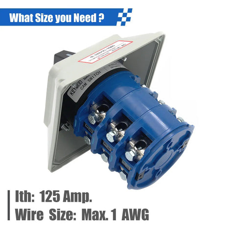 Beefy 125A Rotary Changeover Switch With Master Enclosure Box, 3 Pole 3 Phase, 3-Position On Off On, side view
