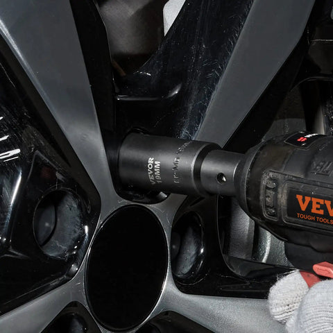 Impact Socket Set 3/8 Inch Drive, 90 PC Beefy CR-MO Steel Kit in use on car wheel lug nut with drill