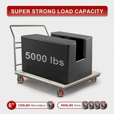 Cart with Beefed-Up Heavy Duty 6 Inch By 2 Inch Polyurethane Tread On Cast Iron Caster Wheels carrying 5000 lbs weight.