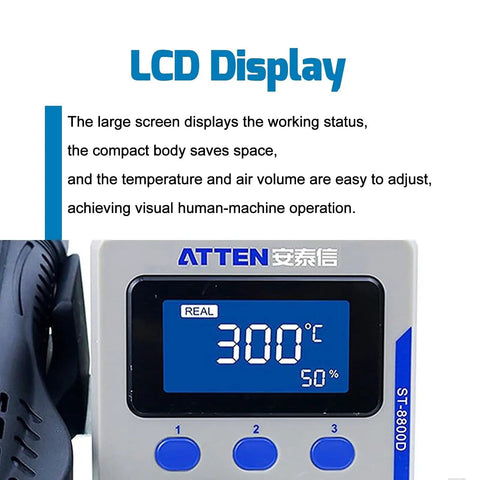 800W Hot Air Gun Soldering Station with LCD Display showing 300°C, auto sleep for SMD rework and PCB repair, adjustable airflow