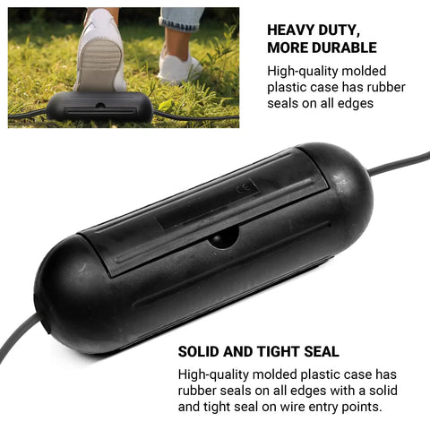4 Pack Extension Cord Protective Cover Set Black Capsule Shaped Water Resistant Holders For Indoor Outdoor Use Great For Holiday String Lights And Wires Large Compartment Fits Up To 12 Gauge Cords on grass