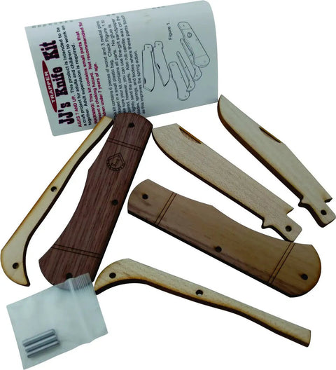 Trapper Wooden Pocket Knife Making Kit For Beginners with walnut body, maple blades, and pins, DIY toy knife parts, made in the USA.