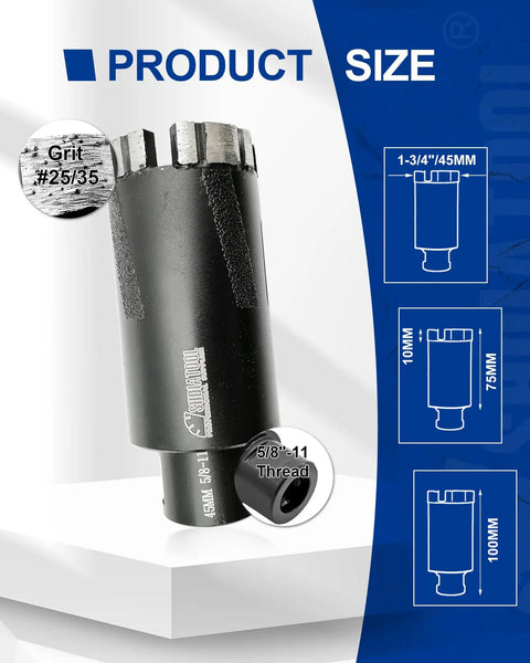 Pro Grade Diamond Core Drill Bits One And Three Quarters Inch 45mm For Hard Stone Concrete Marble Granite Brick Laser Welded Dry Or Wet Hole Saws Heavy Duty Core Bit Set Built For Fast Clean Cuts Through Tough Materials