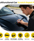 Man using Scratch Remover Pen For Cars on black car hood for easy DIY paint repair of scratches, swirl marks, and scuffs, 2 pack