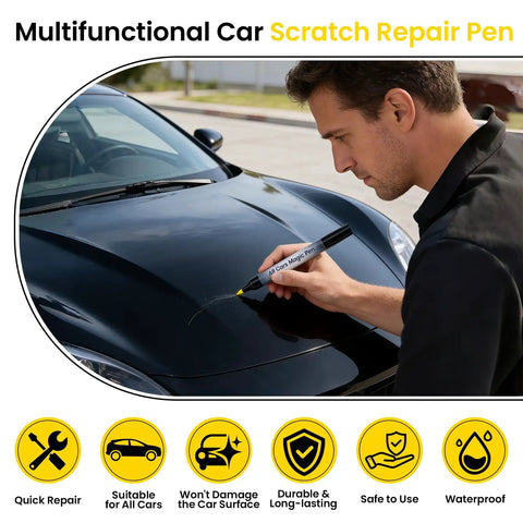 Man using Scratch Remover Pen For Cars on black car hood for easy DIY paint repair of scratches, swirl marks, and scuffs, 2 pack