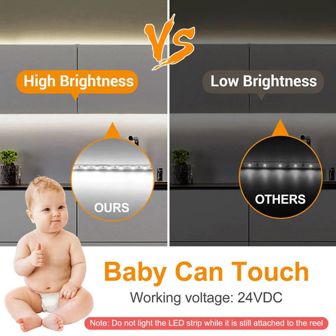 Comparison of ultra bright white LED strip light 16.4 Ft 24V daylight 6000K 6500K dimmable tape light in kitchen setting.
