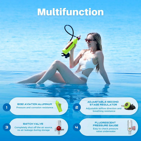 Woman using 1L Mini Scuba Tank Portable Underwater Breathing Oxygen Cylinder Pony Bottle For Emergency Rescue Backup Air Source S400