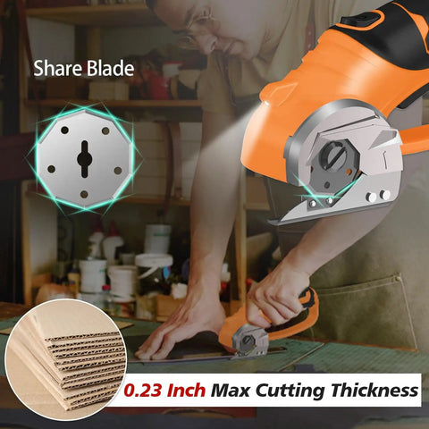 Hassle Free Cordless Electric Scissors Rechargeable Box Cutter With Led Light And Safety Lock For Fabric Leather Carpet Crafting shown in use, cutting cardboard.