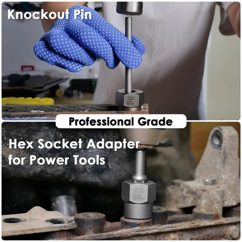 Hex socket adapter and knockout pin demonstration with Ultimate 65 Piece Bolt Extractor Kit For Damaged Bolts And Nuts With Left Hand Drill Bits And Three Eighths Inch Drive For Easy Out Screws And Lug Nut Removal Tough As Nails Thinkwork.