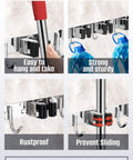 Heavy Duty Mop And Broom Holder Wall Mount With Stainless Steel Five Rack Organizer And Four Hooks features.