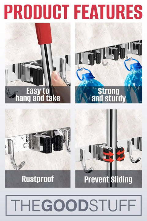 Heavy Duty Mop And Broom Holder Wall Mount With Stainless Steel Five Rack Organizer And Four Hooks features.