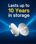 Dead Reliable CR2032 Lithium Coin Batteries Five Pack showing a CR2032 coin battery with a silver finish and 10-year storage claim.