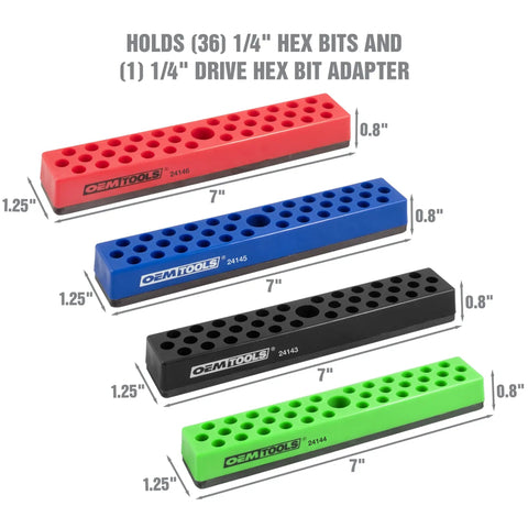 Color-coded trays of 36 Piece Magnetic Hex Bit Holder Set 4 Pack With Mounting Bases For Metal Surfaces, Hex Bit Organizers