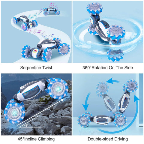 Fosgoit gesture-sensing RC stunt car toy; blue and white 4WD with LED lights and 2.4GHz hand control