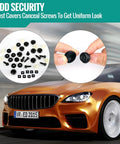 8 Pack Car License Plate Screws Kit With Black Metal Bolts Caps Foam Pads And Anti Rattle Anchors For Frames And Covers On Cars Trucks And SUVs Three Fourths By One Fourth Inch Fasteners For Your Ride displayed with a car in the background.