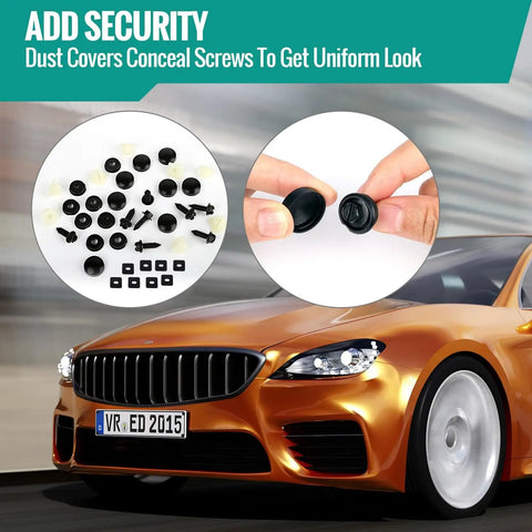 8 Pack Car License Plate Screws Kit With Black Metal Bolts Caps Foam Pads And Anti Rattle Anchors For Frames And Covers On Cars Trucks And SUVs Three Fourths By One Fourth Inch Fasteners For Your Ride displayed with a car in the background.