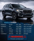 Dark SUV parked on wet pavement, with text listing vehicle fitment for 4WD Front Wheel Bearing Hubs Replacement Set For Chevy S10 Blazer GMC Jimmy Oldsmobile Bravada Isuzu Hombre Pair Hubs Assembly For 1997 To 2005 Models Fits 4x4 Trucks And SUVs And Off Road Ready