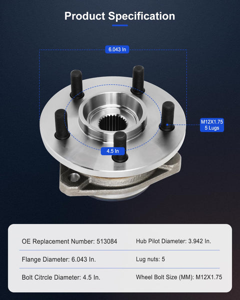 Front Wheel Bearing Hub Assembly 513084 Fits Jeep Cherokee 1990 To 1999 Grand Cherokee shown with dimensions and 5 lugs