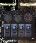 All In One 4 Gang Waterproof Marine Rocker Switch Panel With 12A 24V Capacity, Dual 2.1A USB Fast Chargers, Digital Voltmeter And Cigarette Lighter Socket, Perfect for Pontoon Boats, RVs, Trucks, ATVs And UTVs. Black aluminum 4-gang marine switch panel with voltmeter, dustproof and waterproof