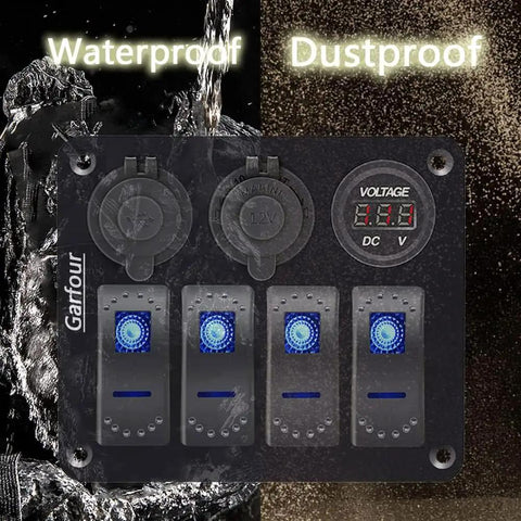All In One 4 Gang Waterproof Marine Rocker Switch Panel With 12A 24V Capacity, Dual 2.1A USB Fast Chargers, Digital Voltmeter And Cigarette Lighter Socket, Perfect for Pontoon Boats, RVs, Trucks, ATVs And UTVs. Black aluminum 4-gang marine switch panel with voltmeter, dustproof and waterproof